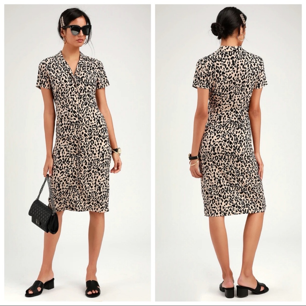 NWT Lulus Ashlyn Taupe Leopard Print Midi Shirt Dress Large
